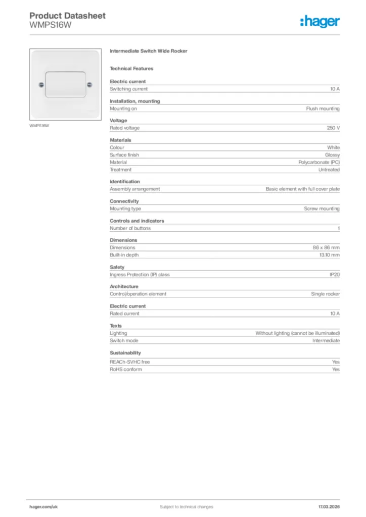Image Hager Product data sheet WMPS16W  | Hager
