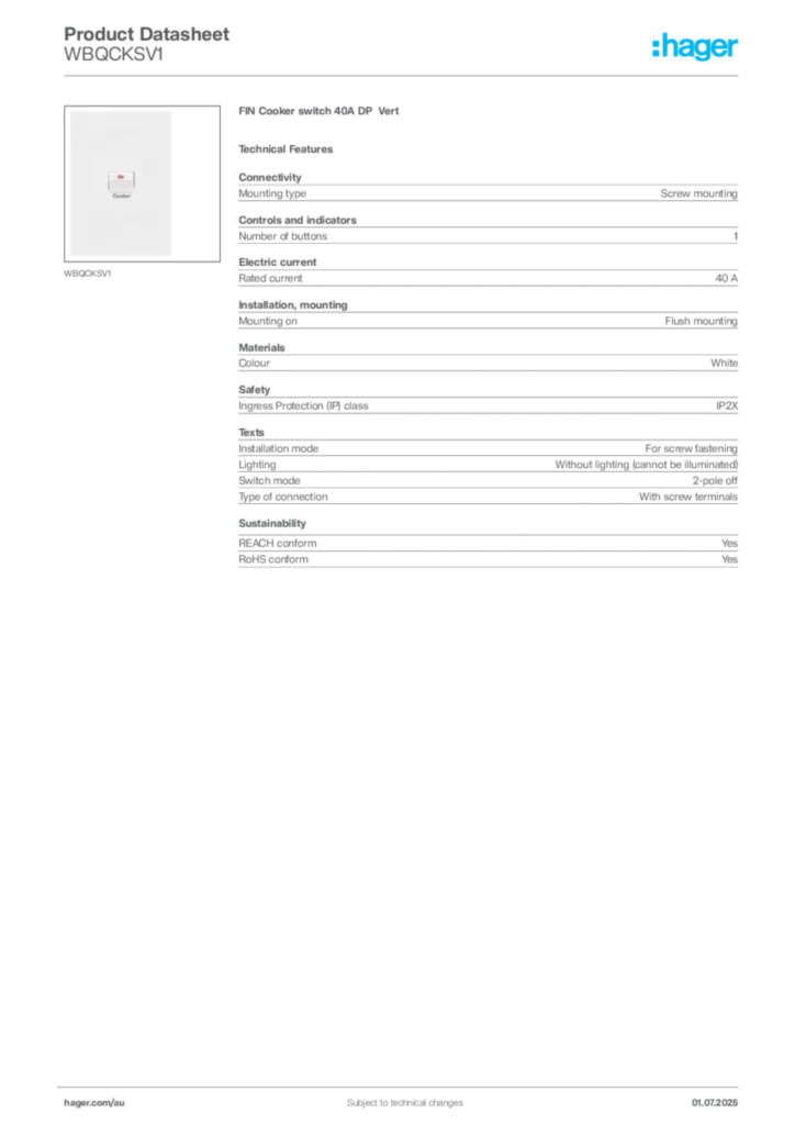 Image Hager Product data sheet WBQCKSV1  | Hager Australia