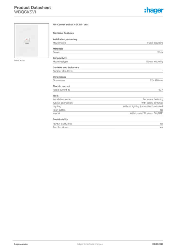Image Hager Product data sheet WBQCKSV1  | Hager Australia