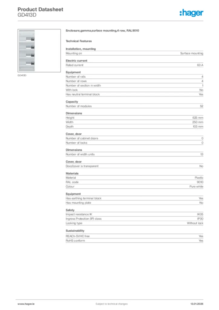 Image Hager Product data sheet GD413D  | Hager