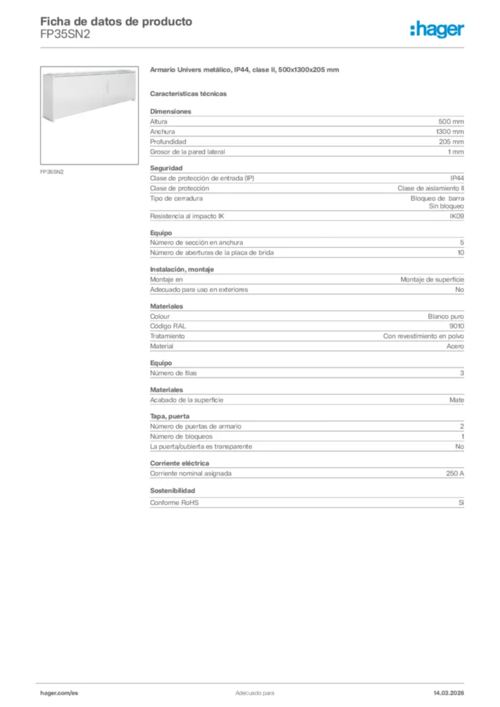 Imagen Hager Ficha de datos de producto FP35SN2 | Hager España