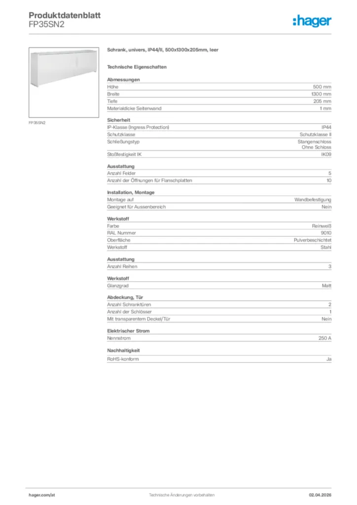 Bild Hager Produktdatenblatt FP35SN2 | Hager Deutschland