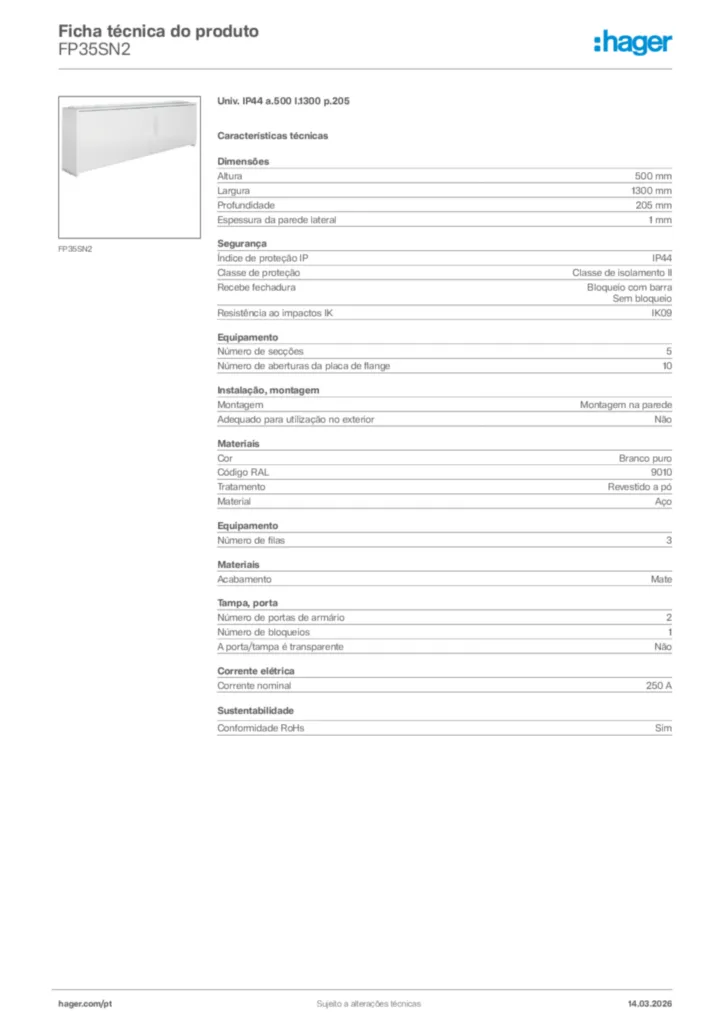 Imagem Hager Ficha técnica do produto FP35SN2 | Hager Portugal