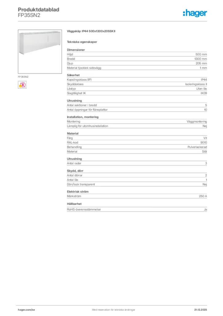 Bild Hager Produktdatablad FP35SN2 | Hager Sverige