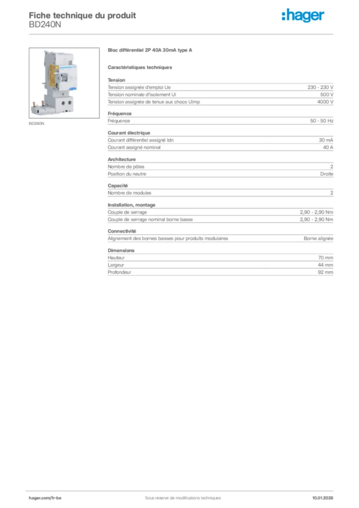 Image Hager Fiche technique du produit BD240N | Hager Belgique