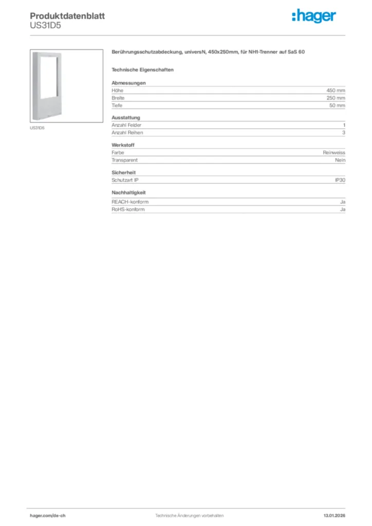 Bild Hager Produktdatenblatt US31D5 | Hager Schweiz