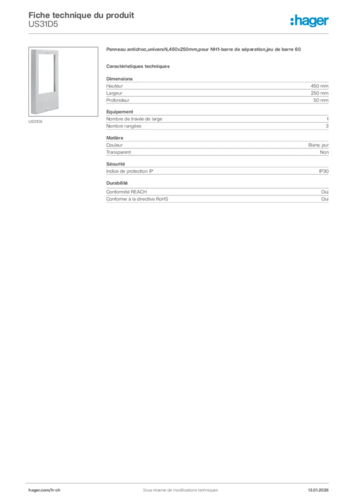 Image Hager Fiche technique du produit US31D5 | Hager Suisse