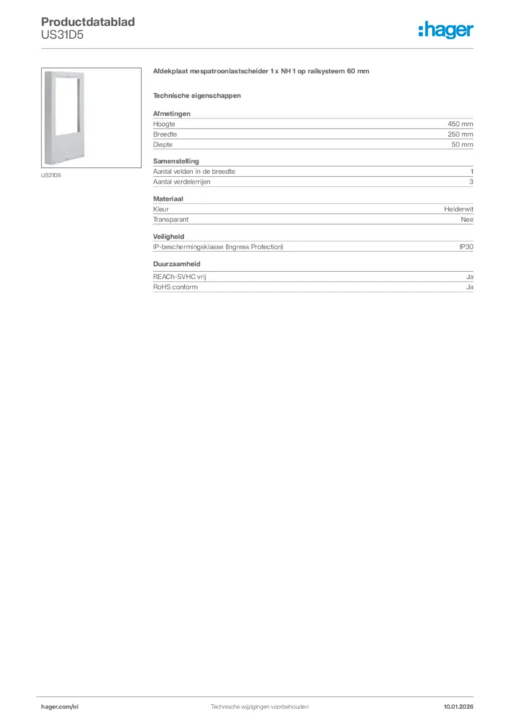 Afbeelding Hager Productdatablad US31D5 | Hager Nederland