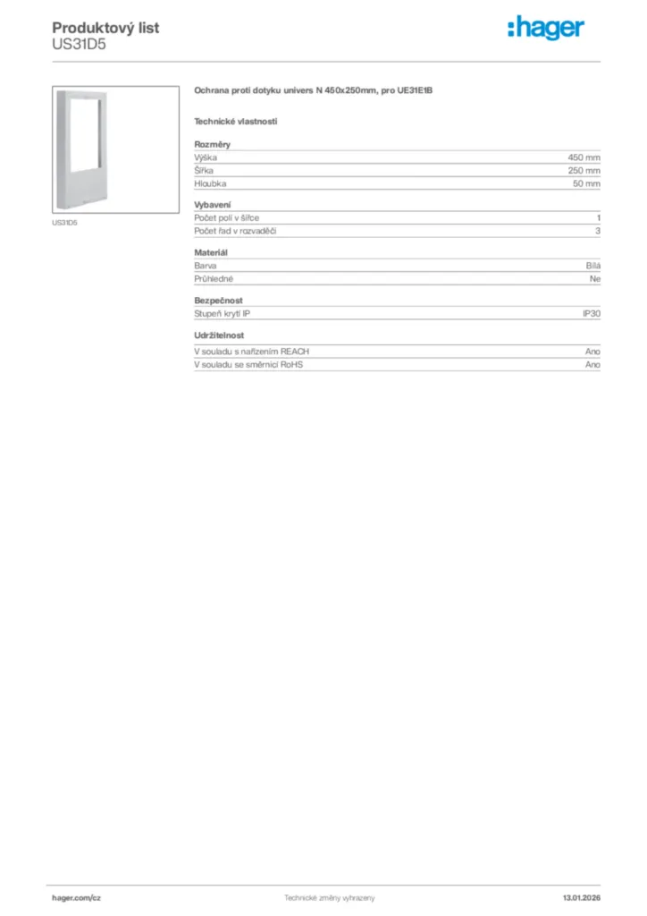 Obrázek Hager Product data sheet US31D5 | Hager