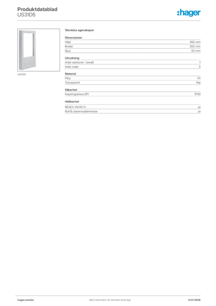 Bild Hager Produktdatablad US31D5 | Hager Sverige