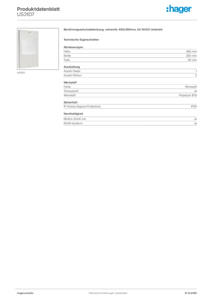 Bild Hager Produktdatenblatt US31D7 | Hager Deutschland