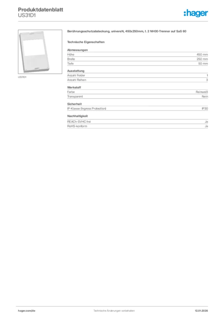Bild Hager Produktdatenblatt US31D1 | Hager Deutschland