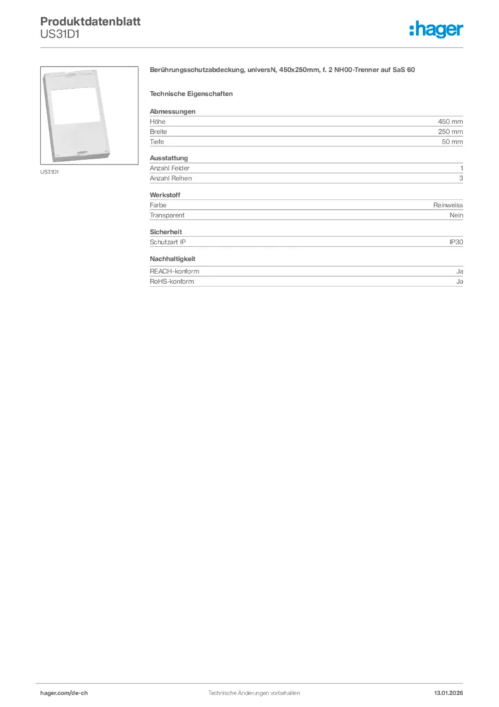 Bild Hager Produktdatenblatt US31D1 | Hager Schweiz