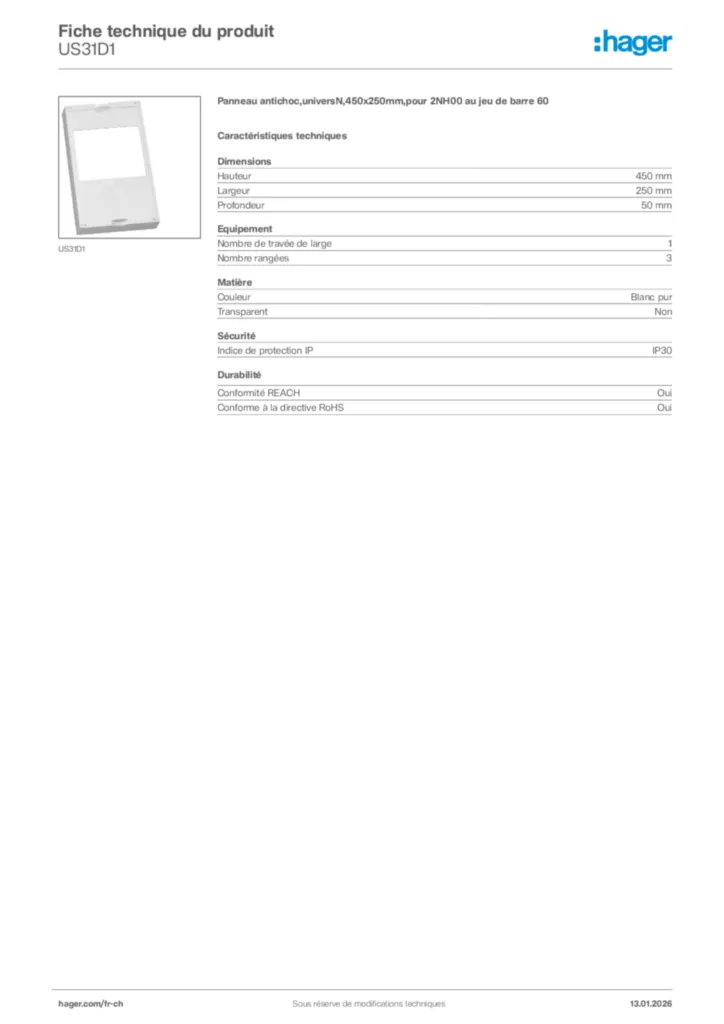 Image Hager Fiche technique du produit US31D1 | Hager Suisse