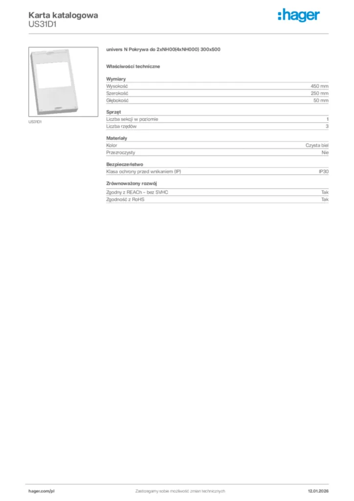 Zdjęcie Hager Karta katalogowa US31D1 | Hager Polska