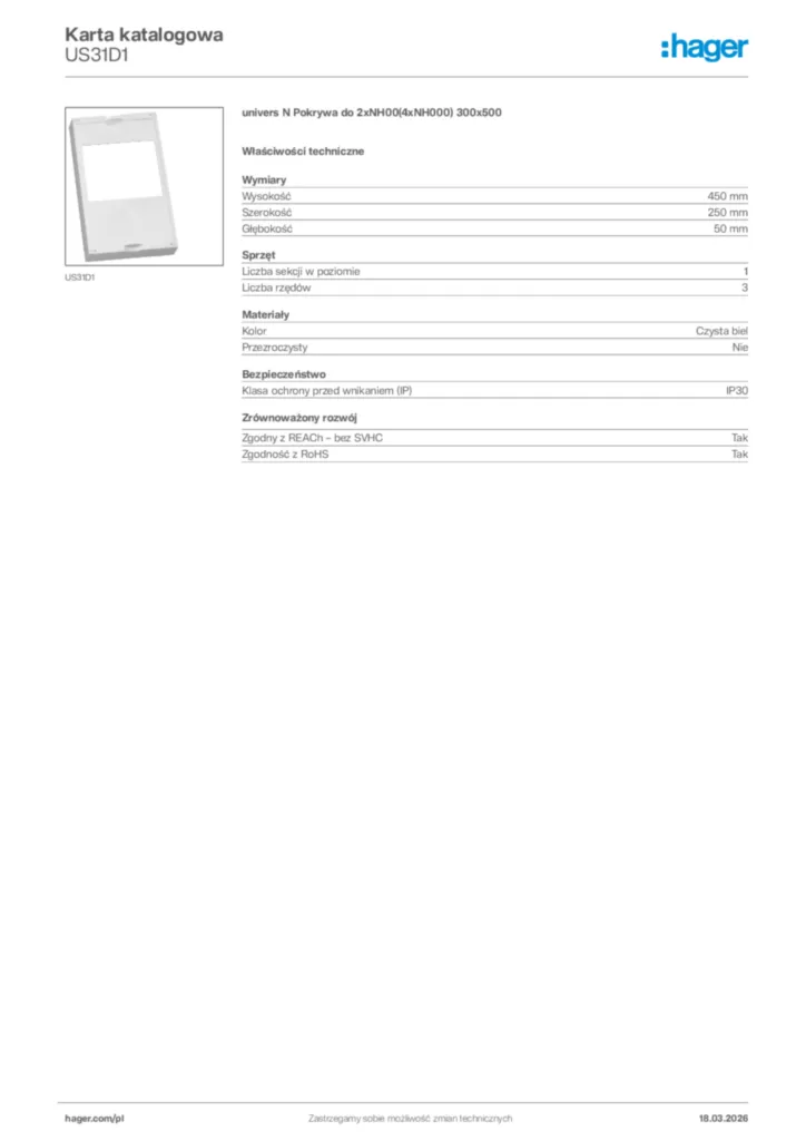 Zdjęcie Hager Karta katalogowa US31D1 | Hager Polska