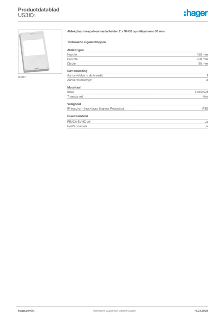 Afbeelding Hager Productdatablad US31D1 | Hager Nederland