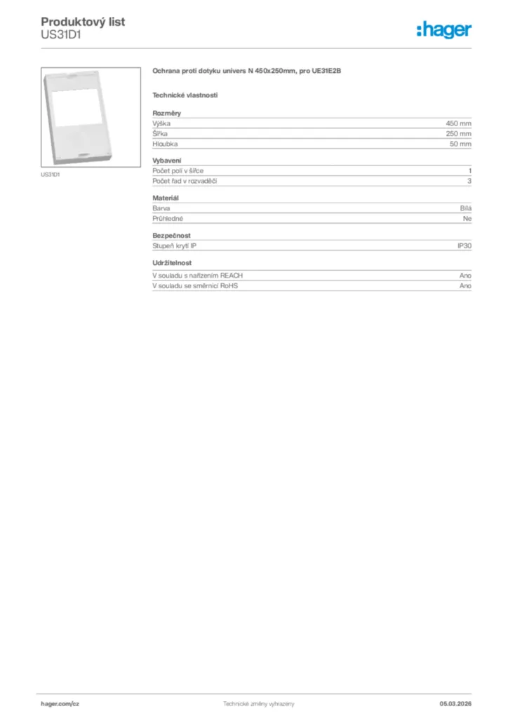 Obrázek Hager Product data sheet US31D1 | Hager