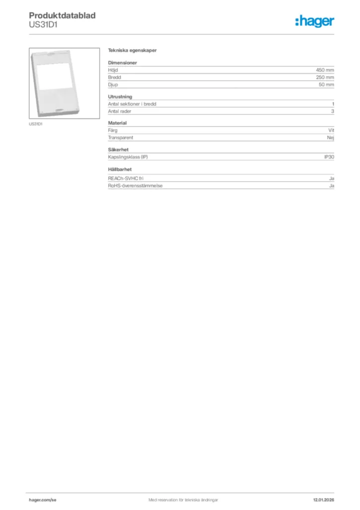 Bild Hager Produktdatablad US31D1 | Hager Sverige