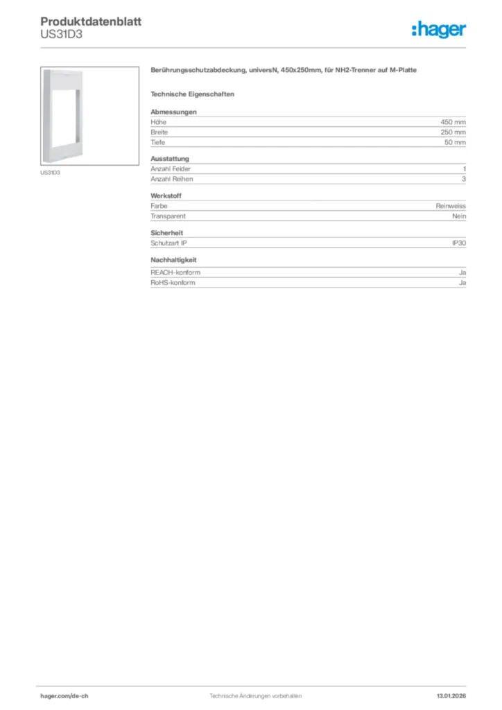 Bild Hager Produktdatenblatt US31D3 | Hager Schweiz