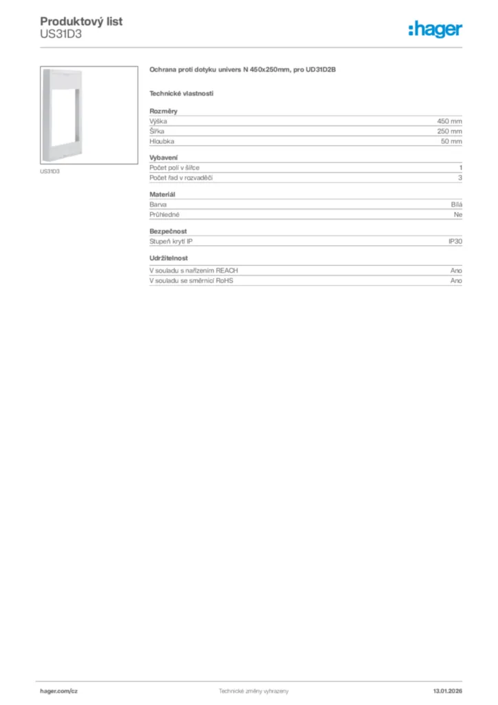 Obrázek Hager Product data sheet US31D3 | Hager