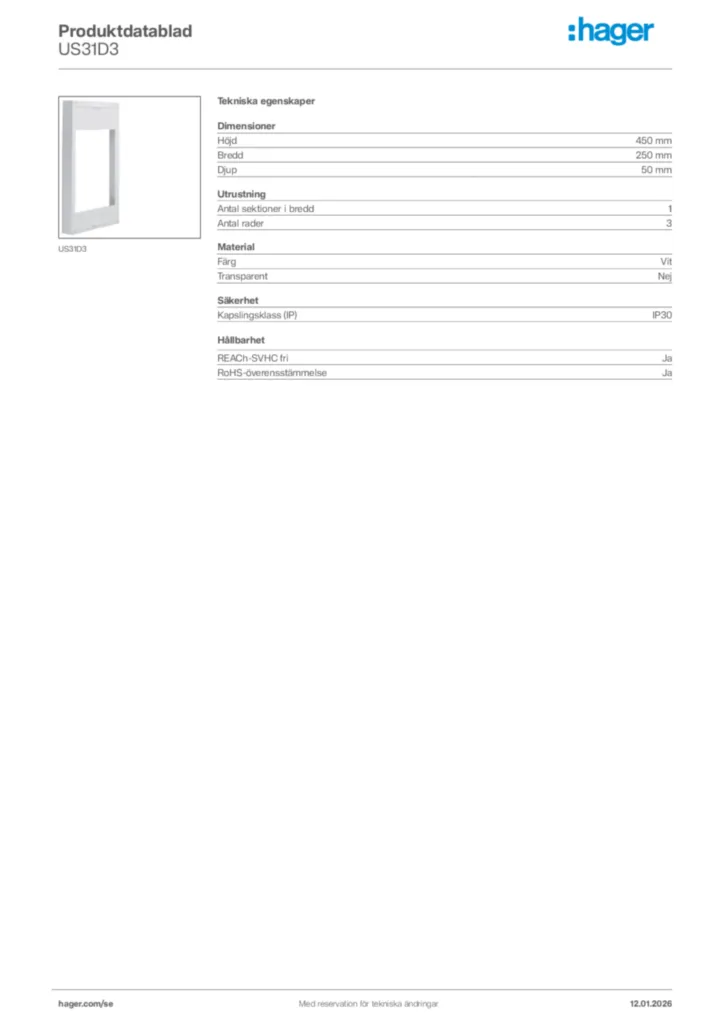 Bild Hager Produktdatablad US31D3 | Hager Sverige