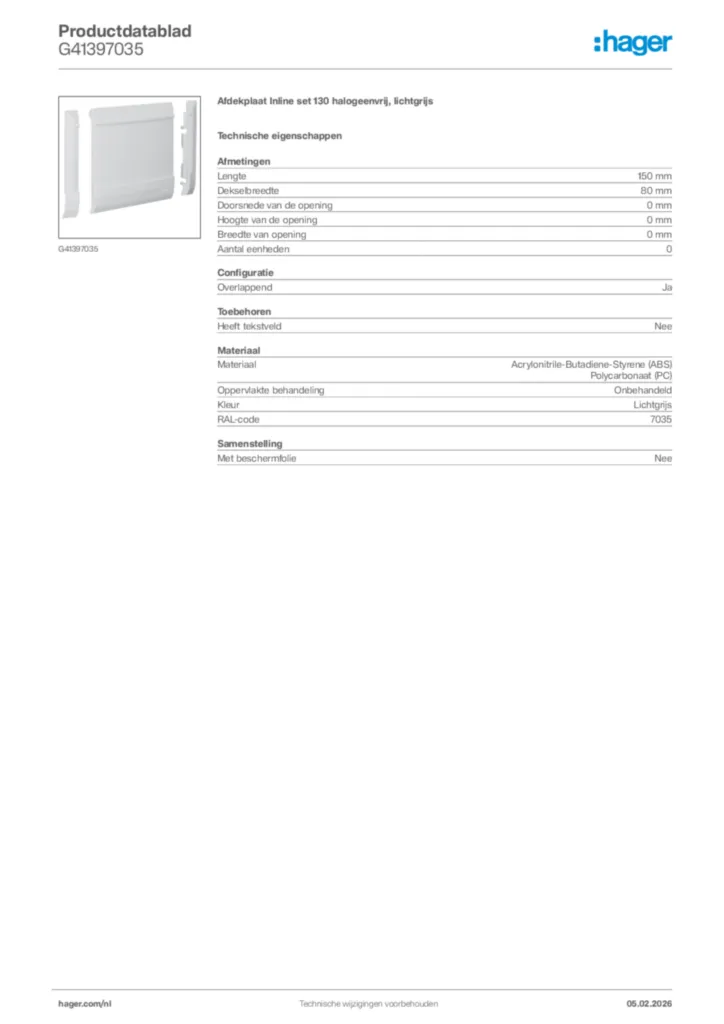 Afbeelding Hager Productdatablad G41397035 | Hager Nederland