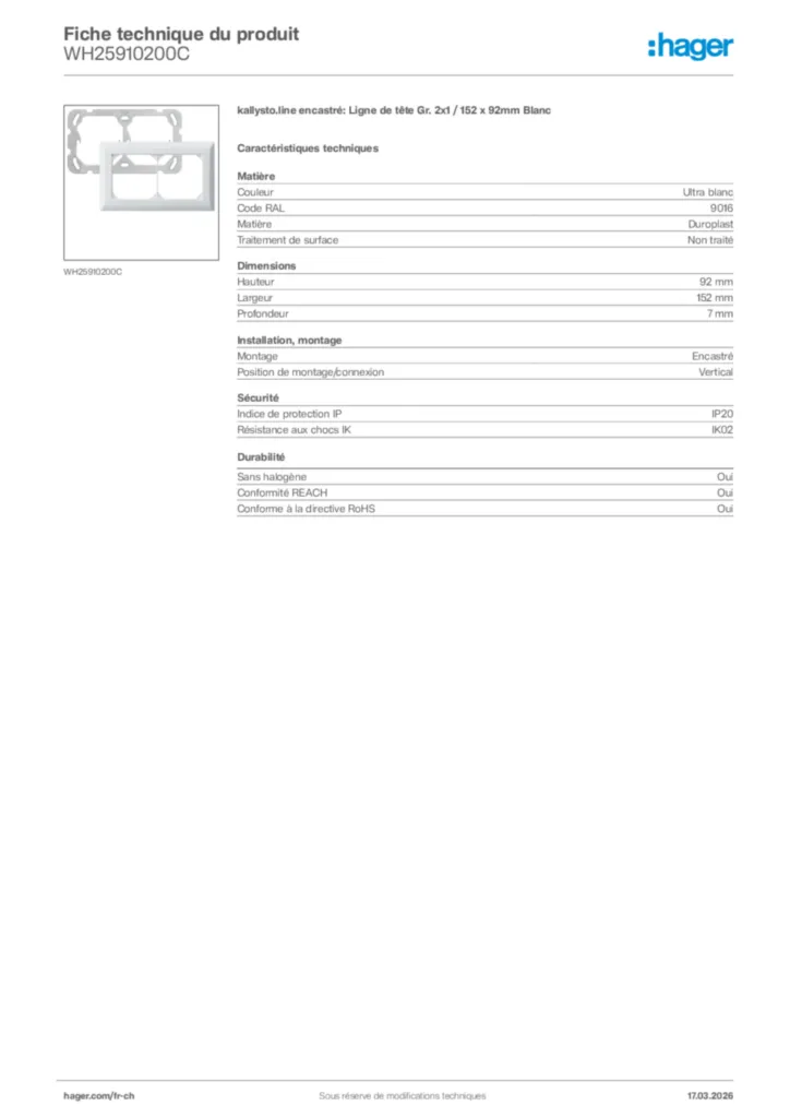 Image Hager Fiche technique du produit WH25910200C | Hager Suisse