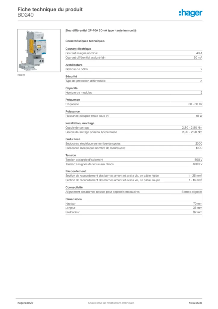 Image Hager Fiche technique du produit BD240 | Hager France