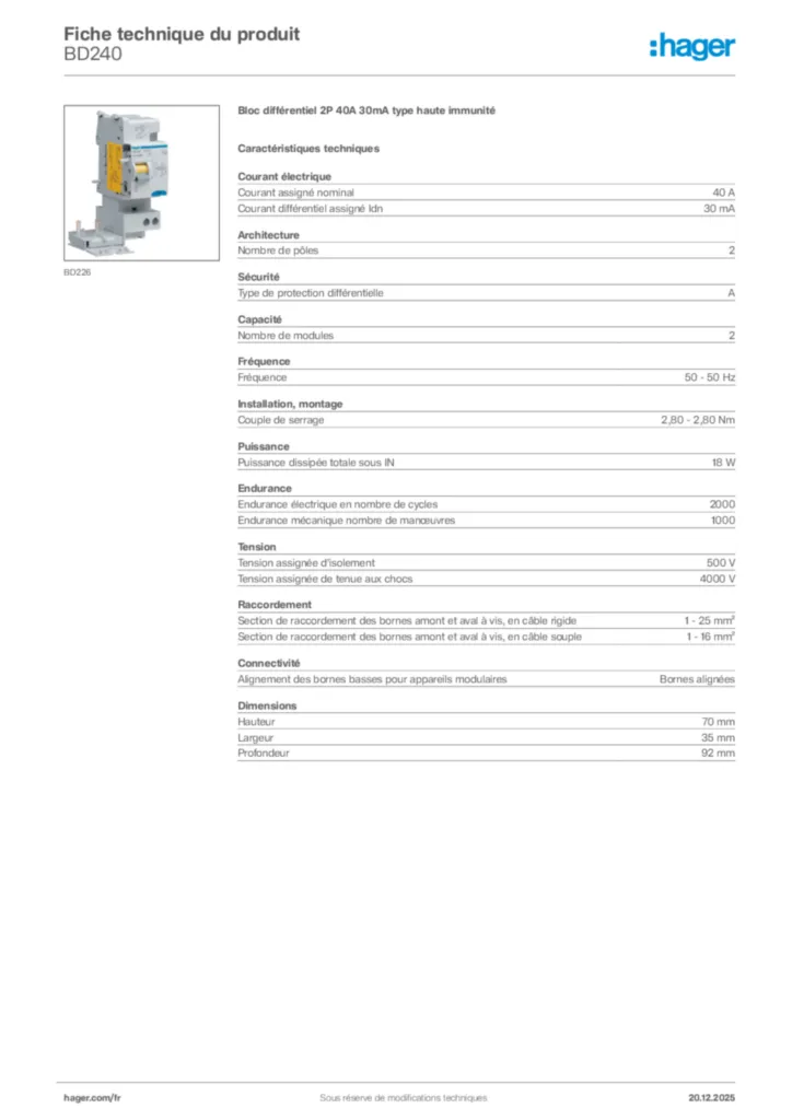Image Hager Fiche technique du produit BD240 | Hager France