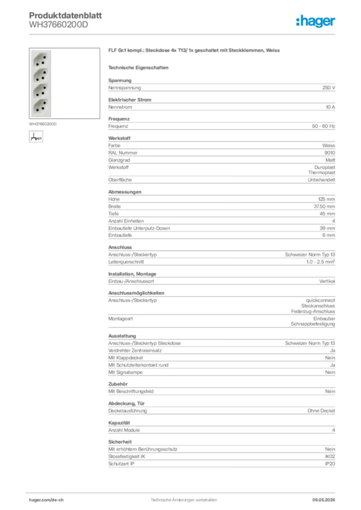 Bild Hager Produktdatenblatt WH37660200D | Hager Schweiz