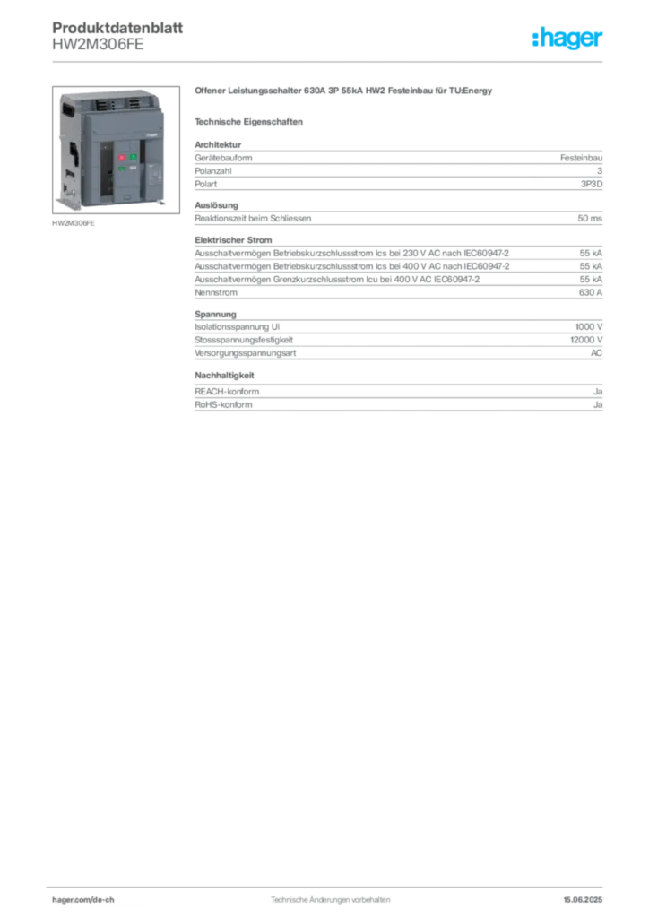 Bild Hager Produktdatenblatt HW2M306FE | Hager Schweiz
