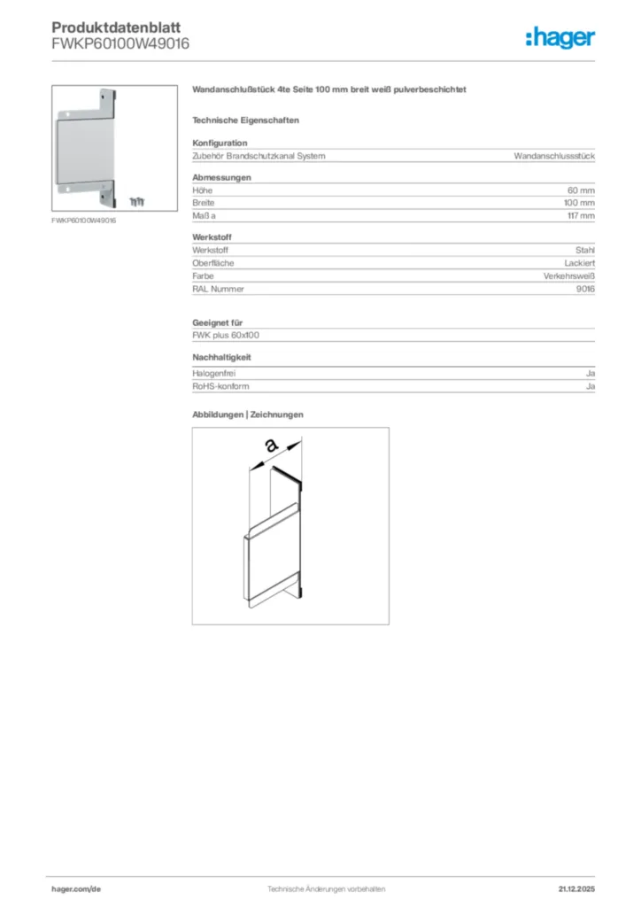 Bild Hager Produktdatenblatt FWKP60100W49016 | Hager Deutschland