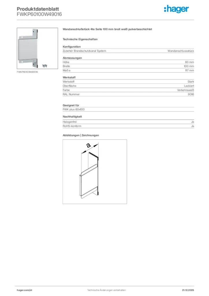 Bild Hager Produktdatenblatt FWKP60100W49016 | Hager Deutschland