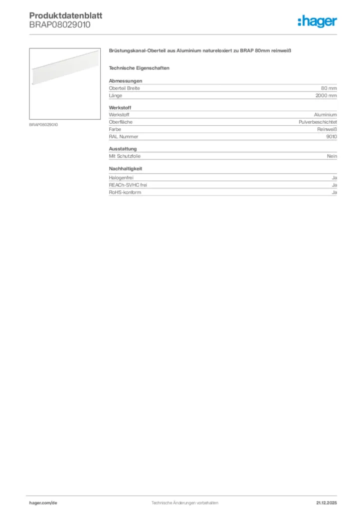 Bild Hager Produktdatenblatt BRAP08029010 | Hager Deutschland