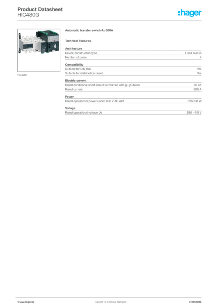 Image Hager Product data sheet HIC480G  | Hager