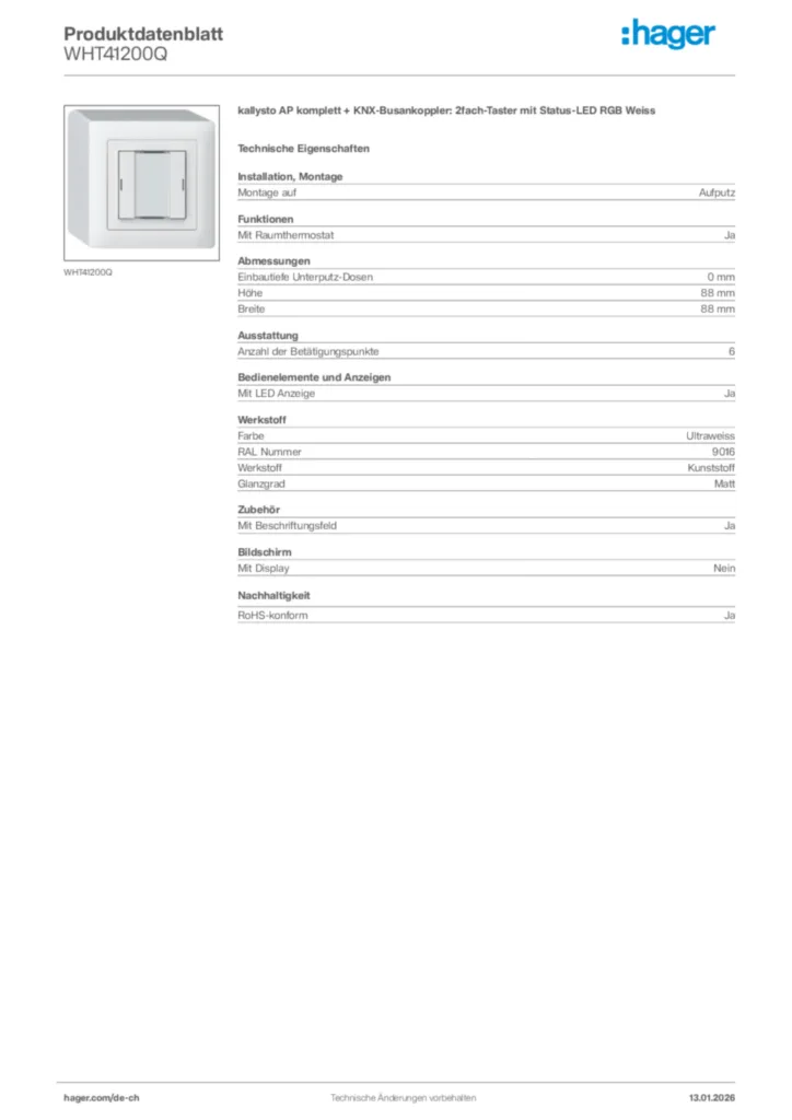 Bild Hager Produktdatenblatt WHT41200Q | Hager Schweiz