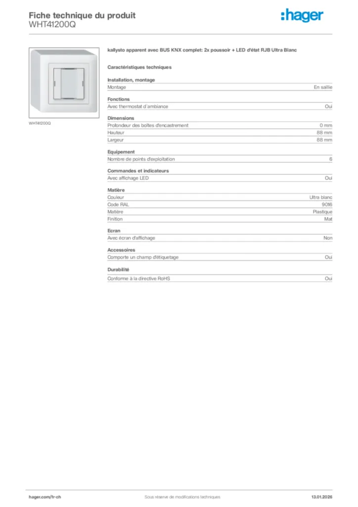 Image Hager Fiche technique du produit WHT41200Q | Hager Suisse