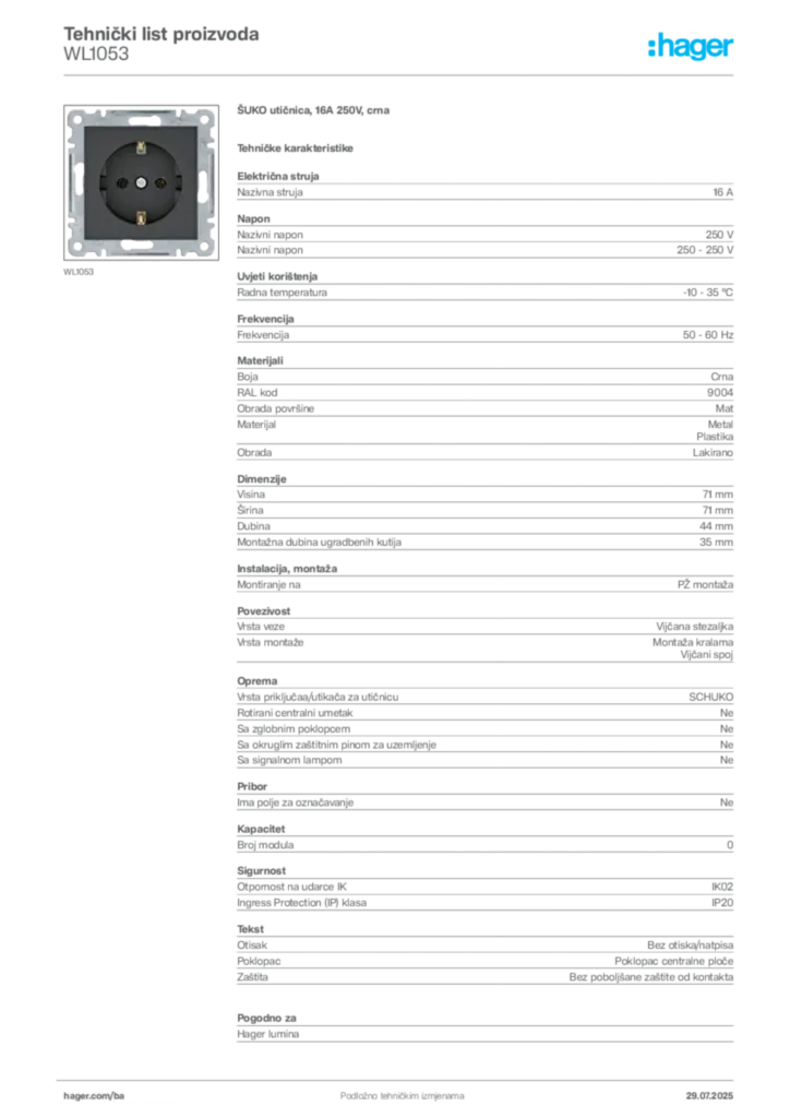 Slika Hager Product data sheet WL1053  | Hager
