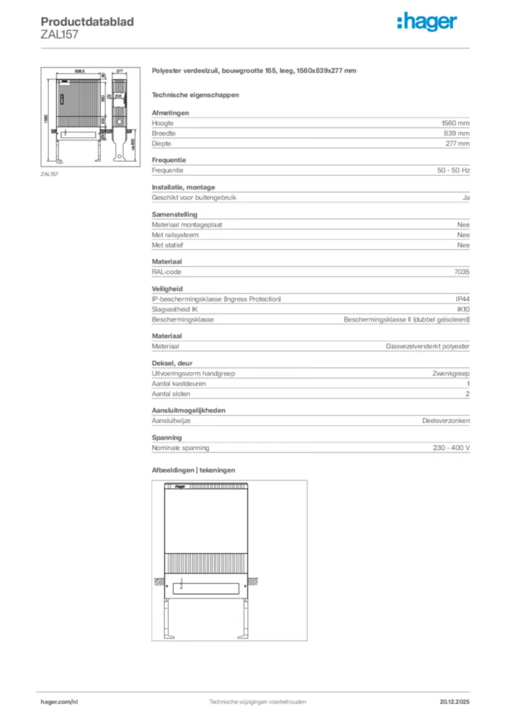 Afbeelding Hager Productdatablad ZAL157 | Hager Nederland