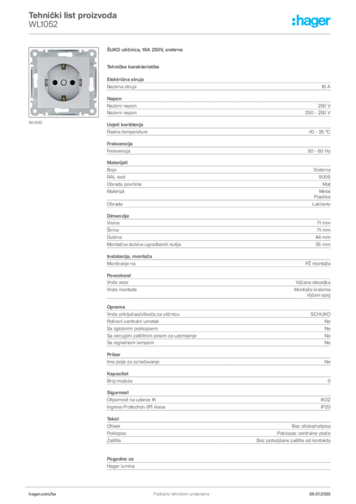 Slika Hager Product data sheet WL1052  | Hager