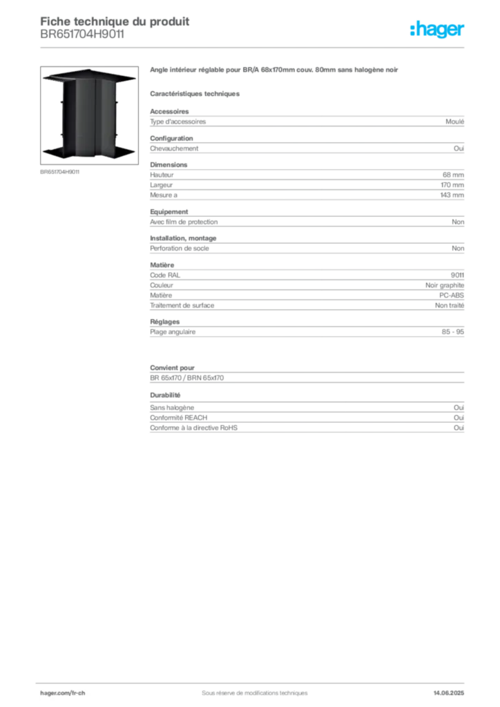 Image Hager Fiche technique du produit BR651704H9011 | Hager Suisse