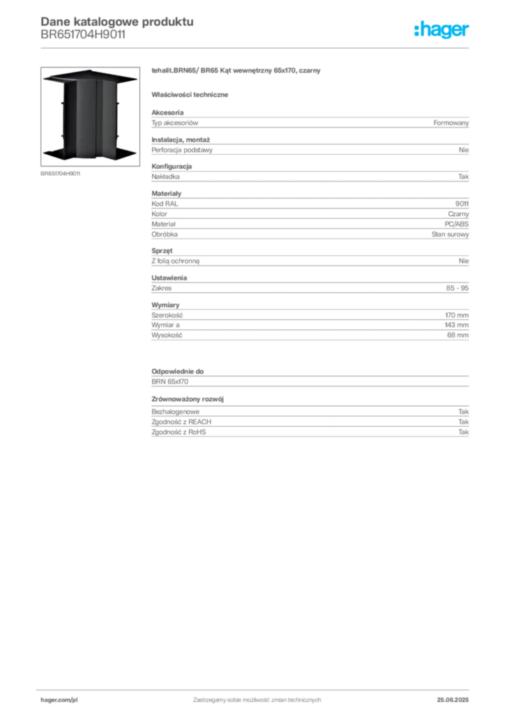 Zdjęcie Hager Dane katalogowe produktu BR651704H9011 | Hager Polska