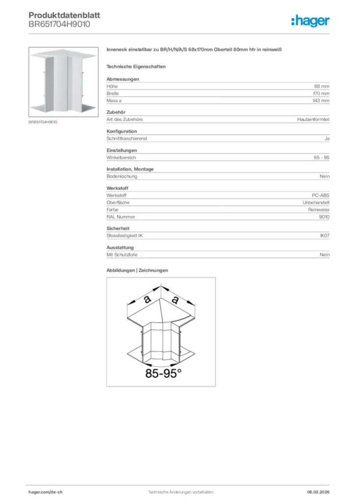 Bild Hager Produktdatenblatt BR651704H9010 | Hager Schweiz