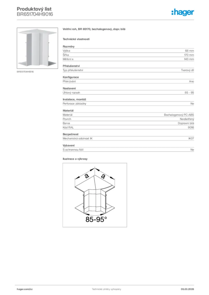 Obrázek Hager Product data sheet BR651704H9016 | Hager