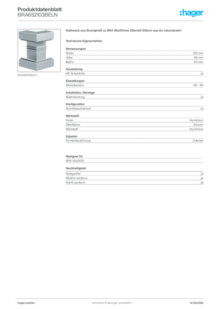 Bild Hager Produktdatenblatt BRA652103BELN | Hager Deutschland