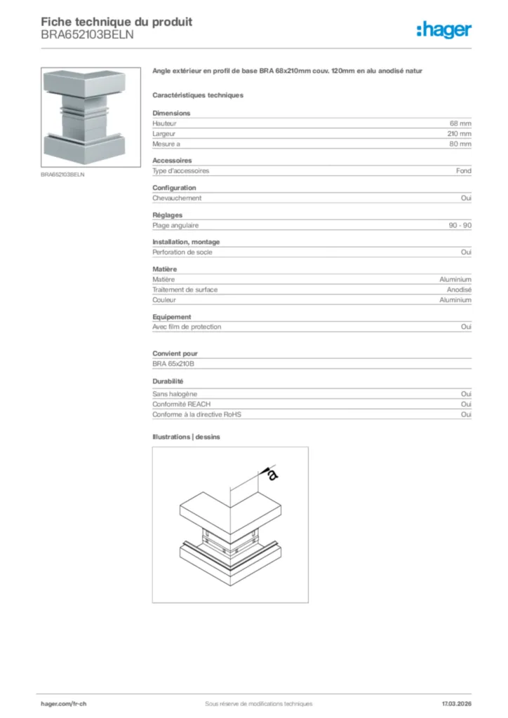 Image Hager Fiche technique du produit BRA652103BELN | Hager Suisse
