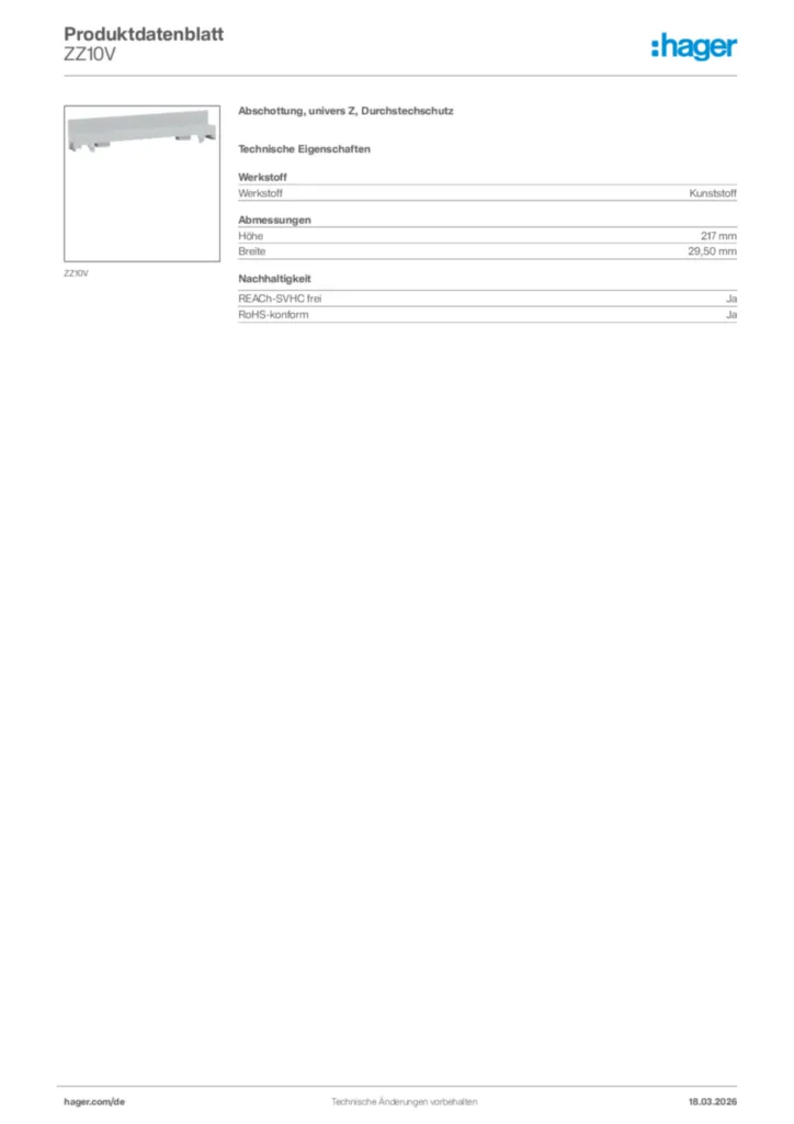 Bild Hager Produktdatenblatt ZZ10V | Hager Deutschland