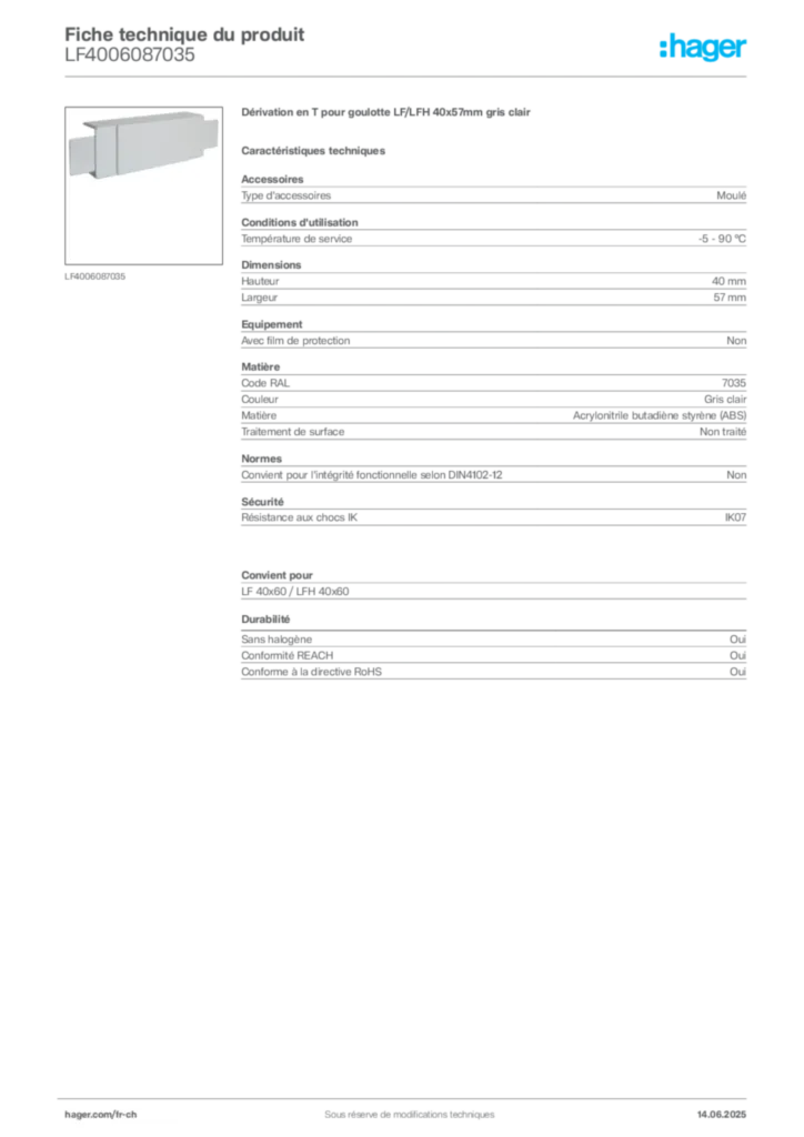 Image Hager Fiche technique du produit LF4006087035 | Hager Suisse