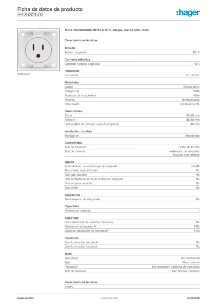 Imagen Hager Ficha de datos de producto 862632502 | Hager España